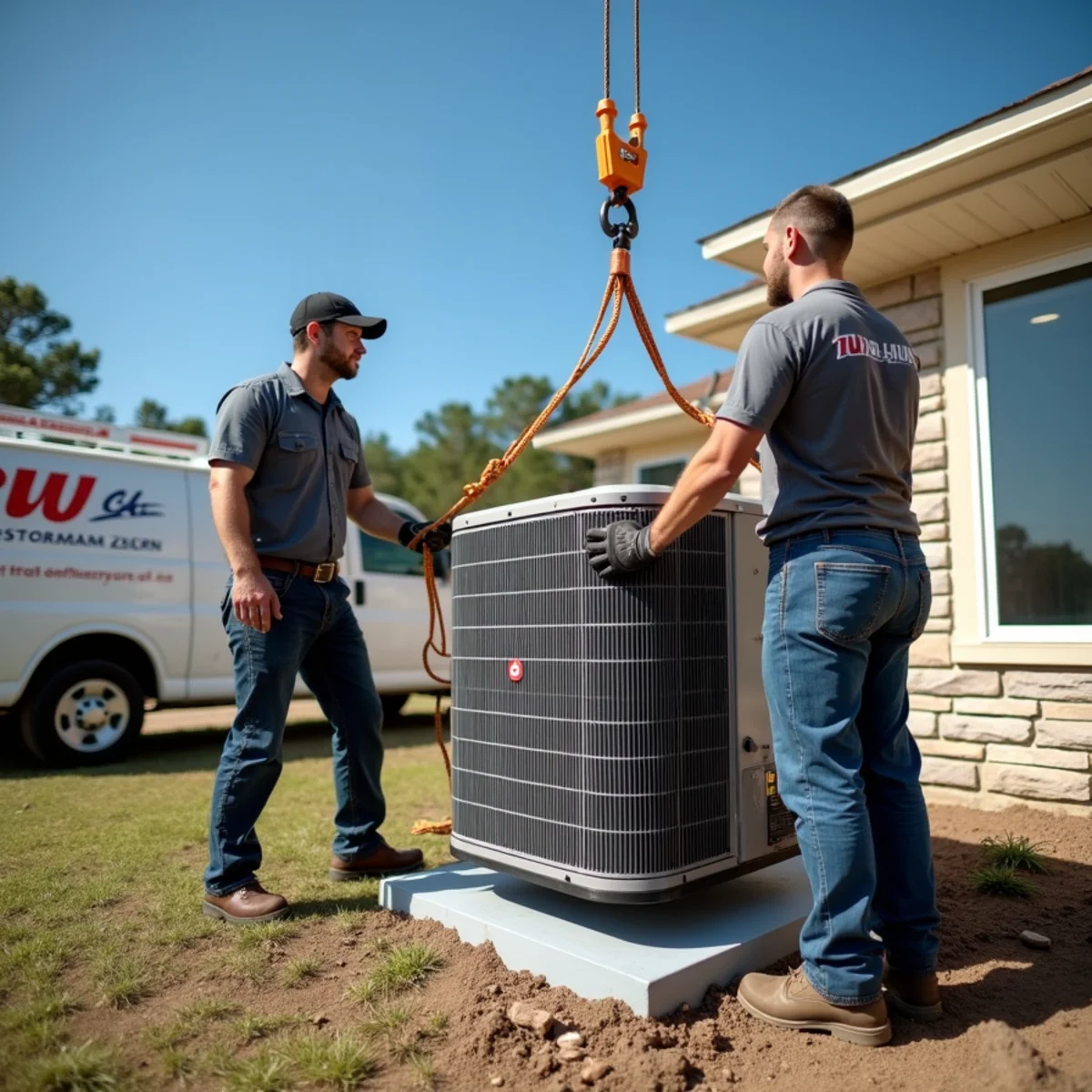 New high-efficiency central air conditioner installed outside a Baton Rouge home by Geaux 72 Degrees