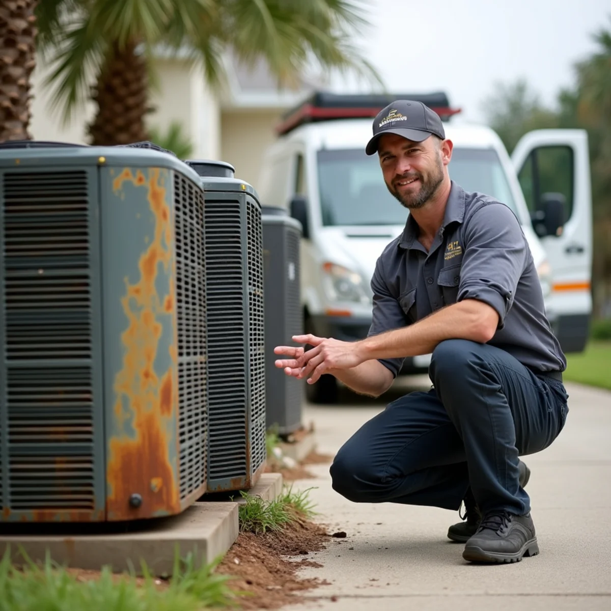 Technician evaluating an aging AC condenser at a Zachary home