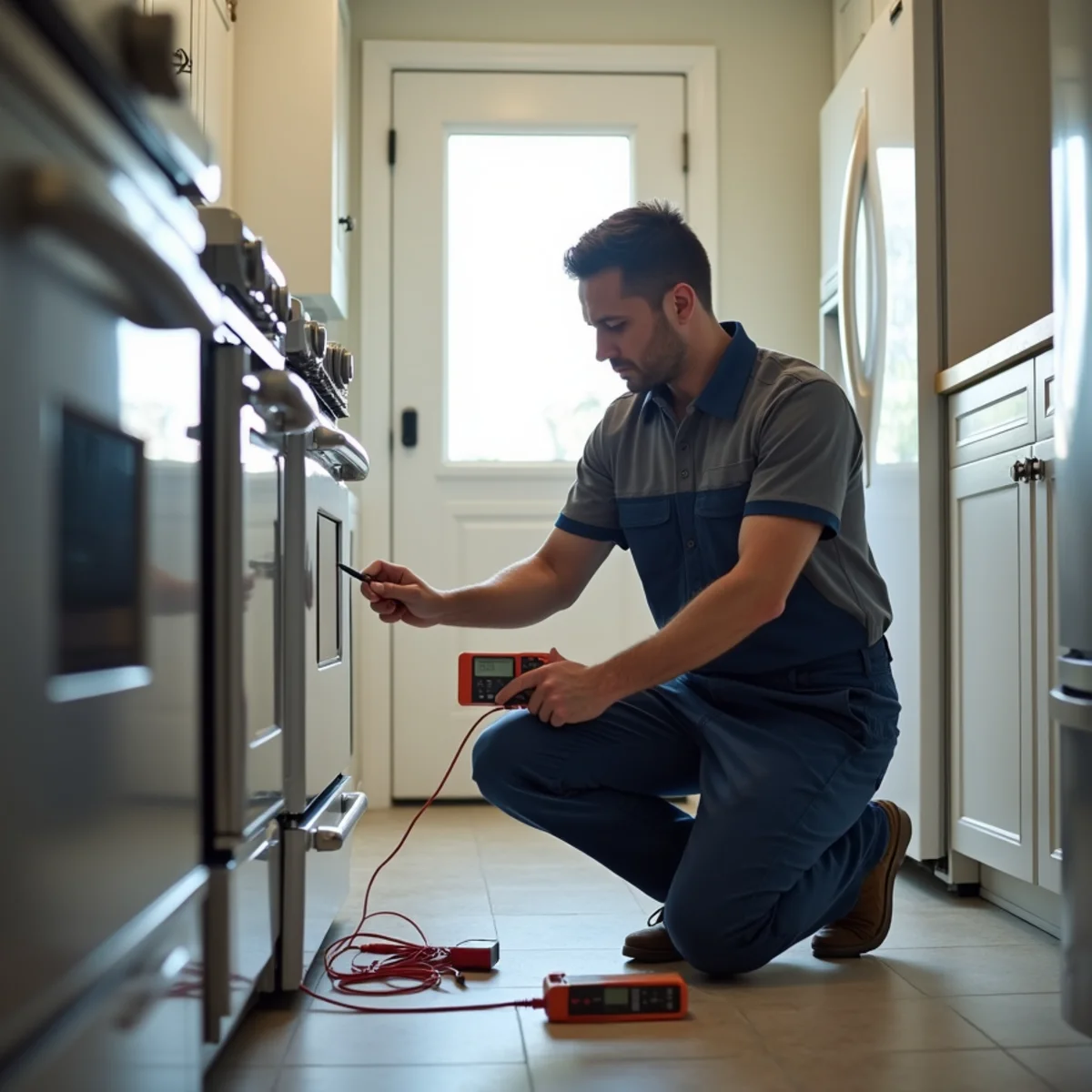 Homeowner troubleshooting a kitchen range and refrigerator in a Baker home
