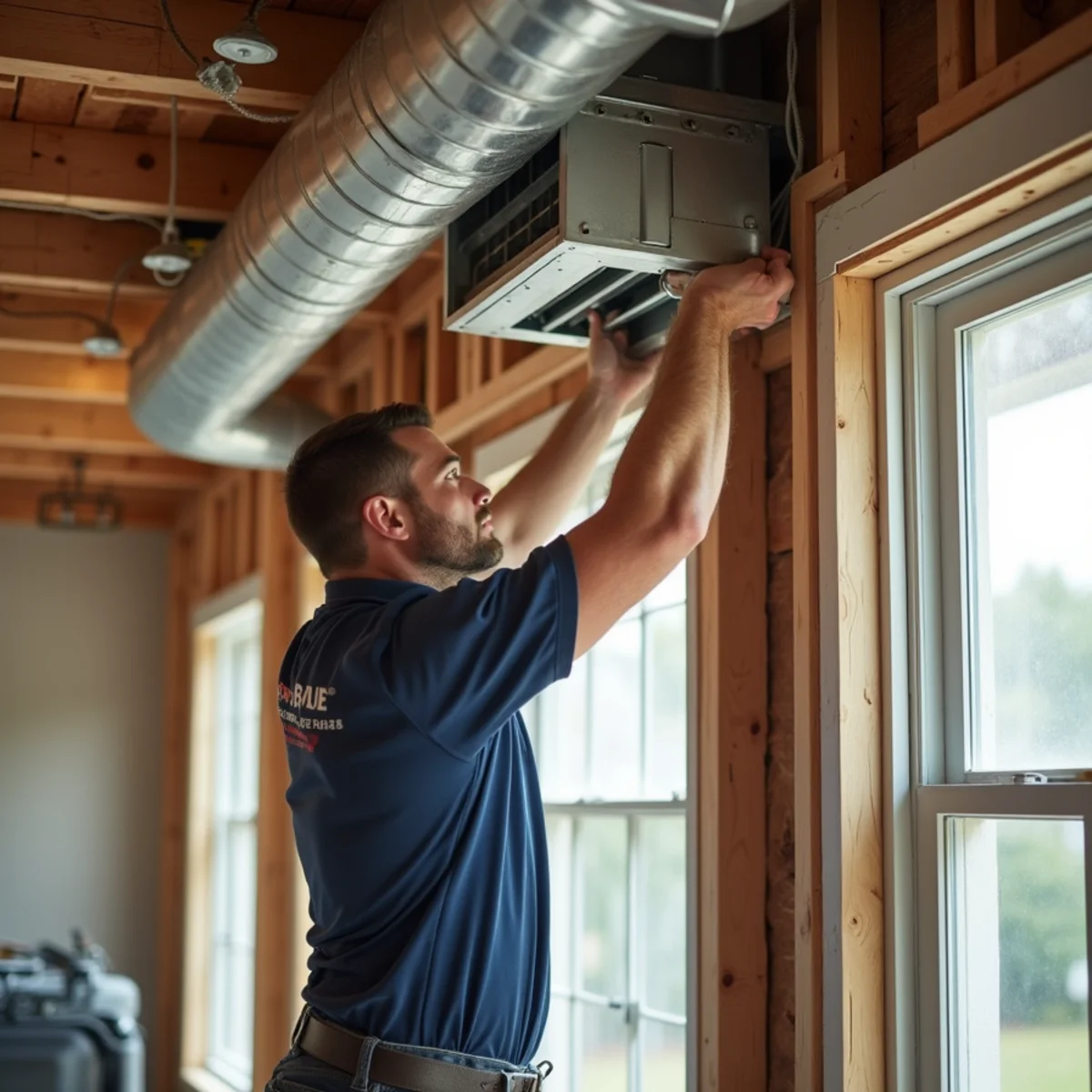 Flood-damaged ductwork being removed from a Denham Springs home