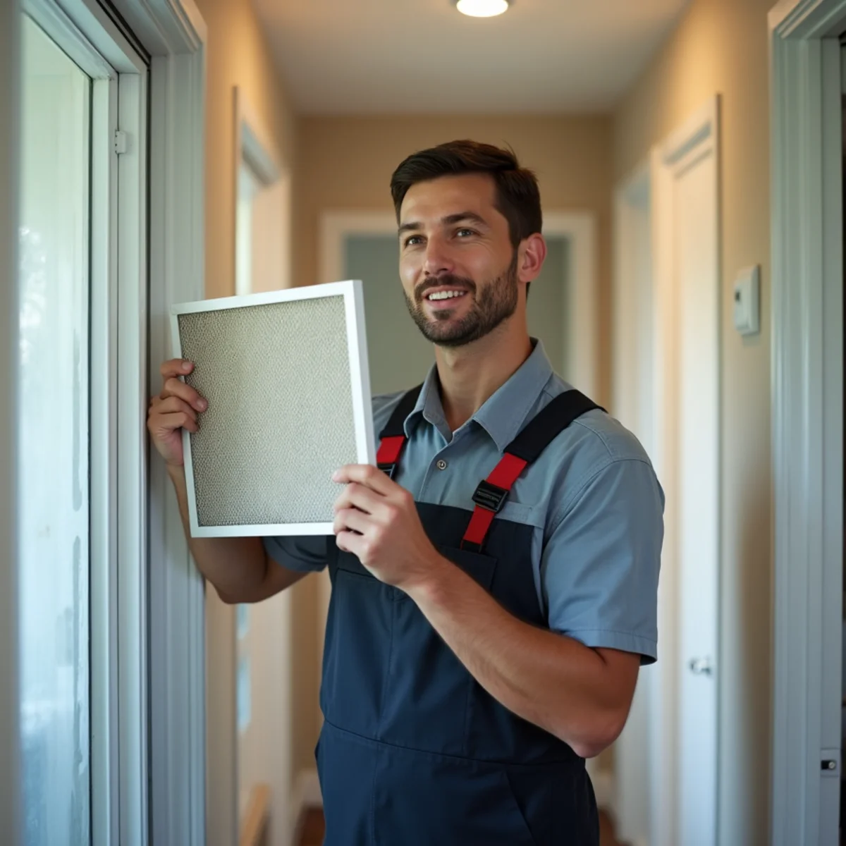 Homeowner replacing a pleated AC filter in a Gonzales home