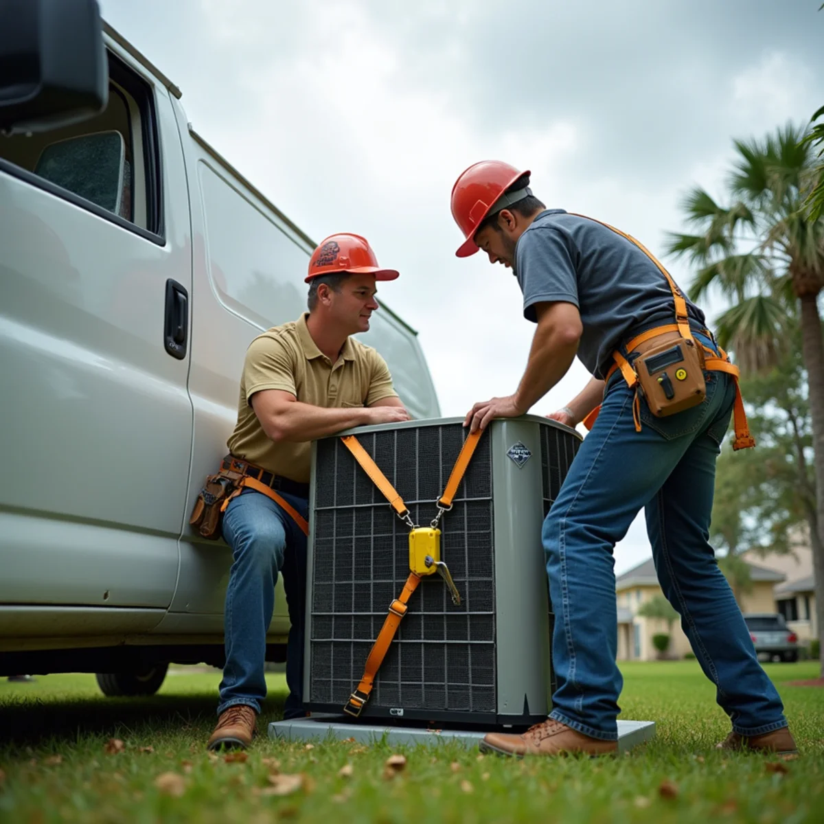 Homeowner securing an outdoor AC condenser before a storm in Baton Rouge