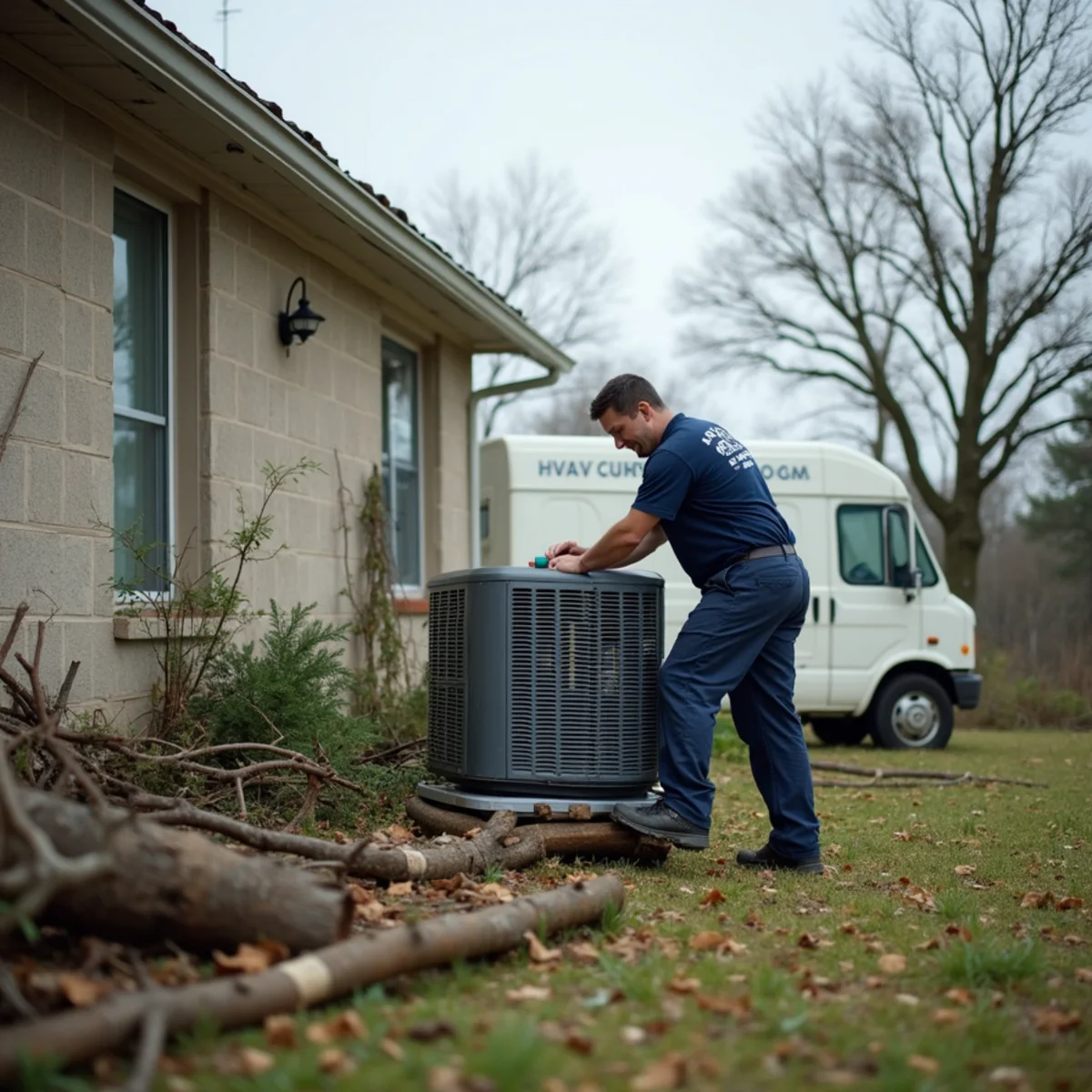 Outdoor condenser surrounded by storm debris after a Louisiana hurricane