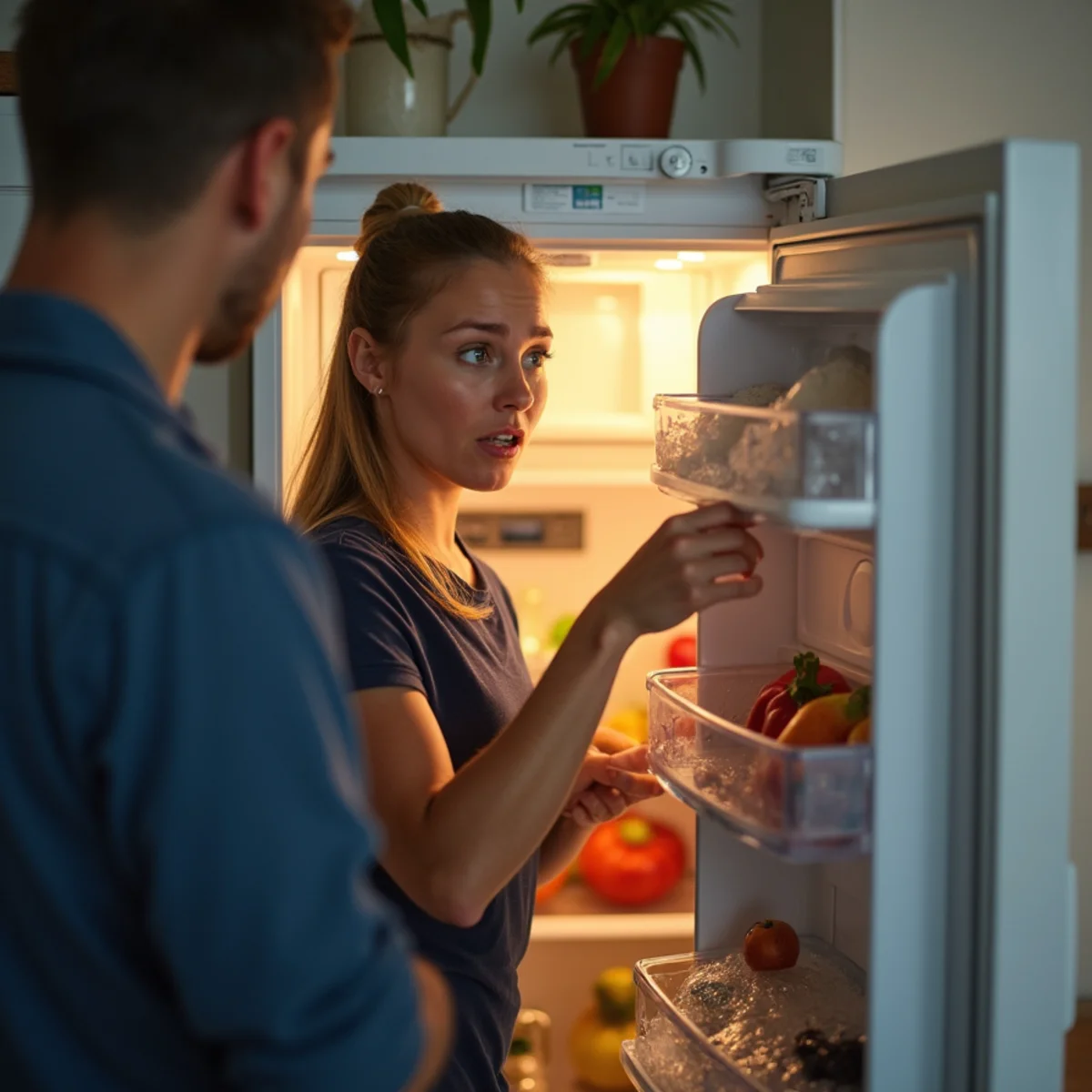 Homeowner checking a warm refrigerator interior in a Gonzales kitchen
