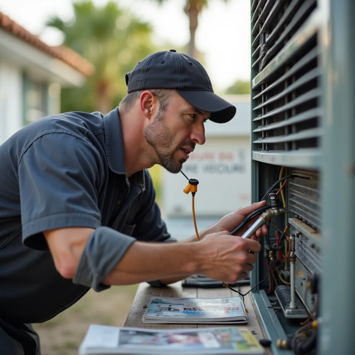 Technician listening for a hissing refrigerant leak at an AC line set