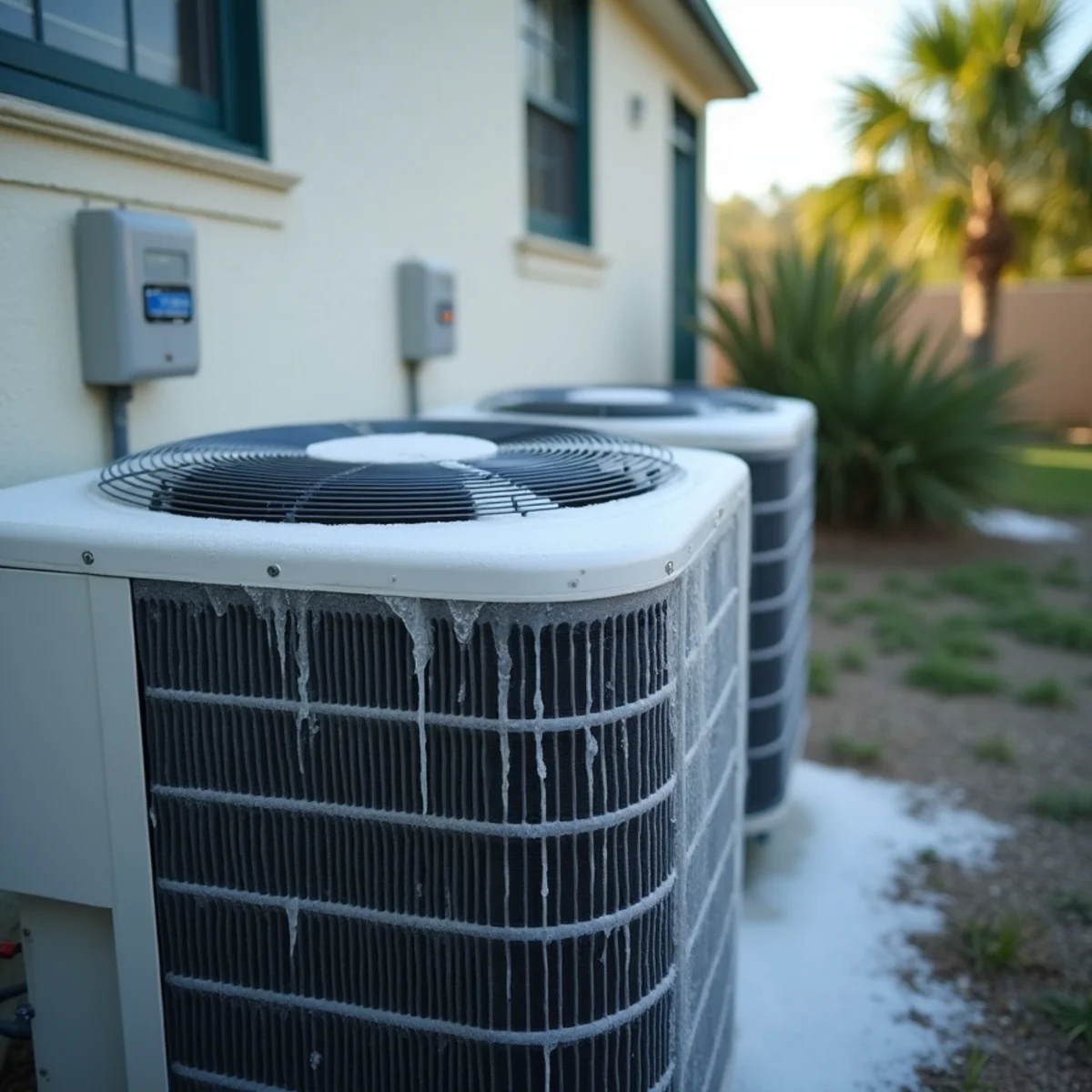 Frozen outdoor AC condenser unit with sweating refrigerant lines