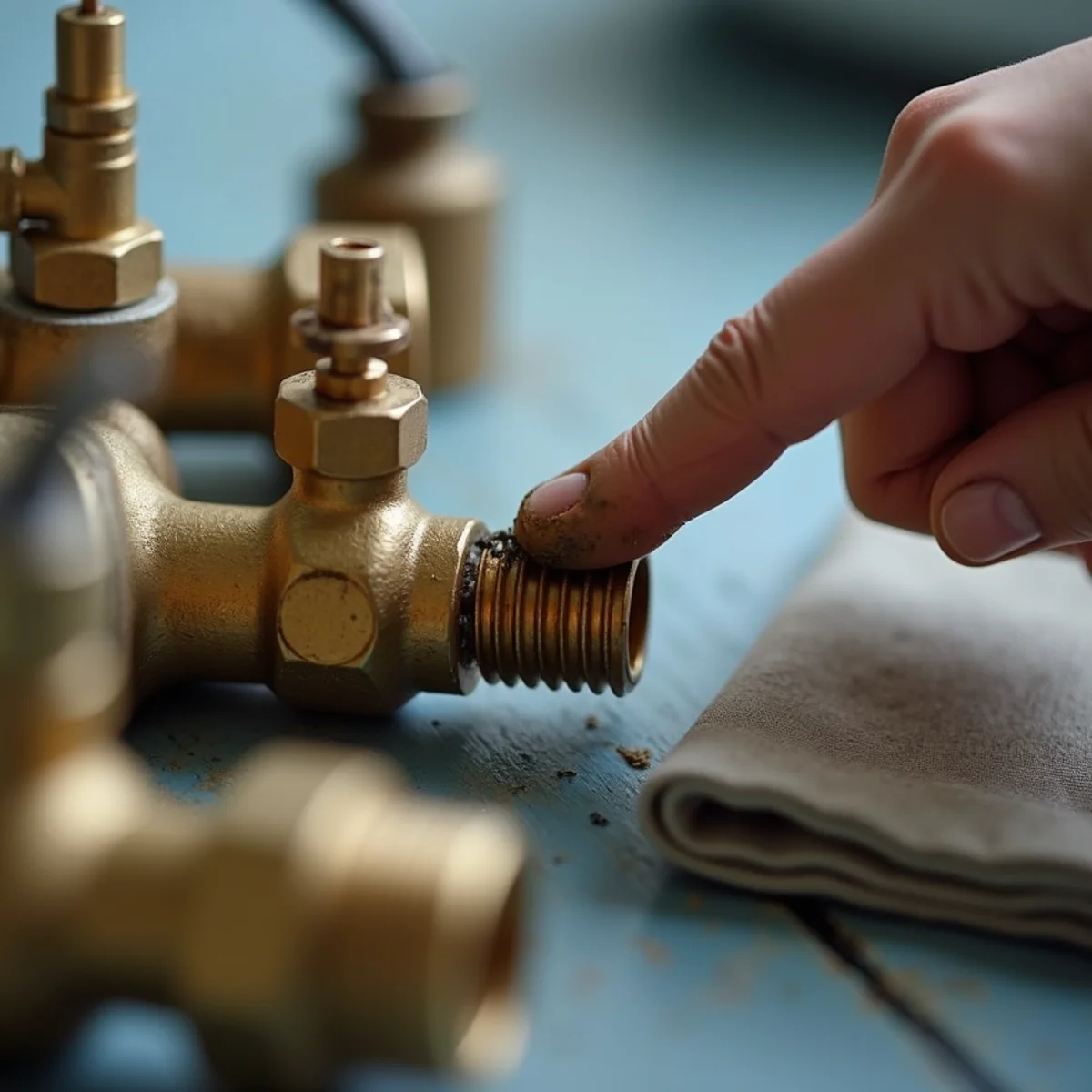 Oily residue around AC refrigerant line fittings indicating a leak