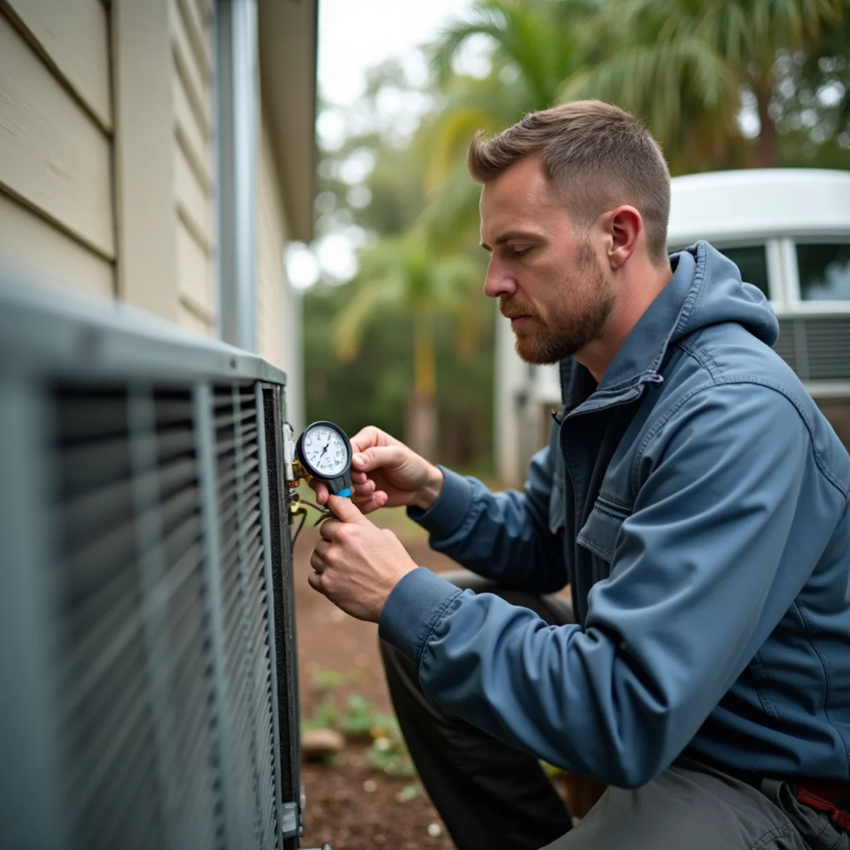 Technician attaching gauges to check refrigerant charge at a Gonzales AC unit