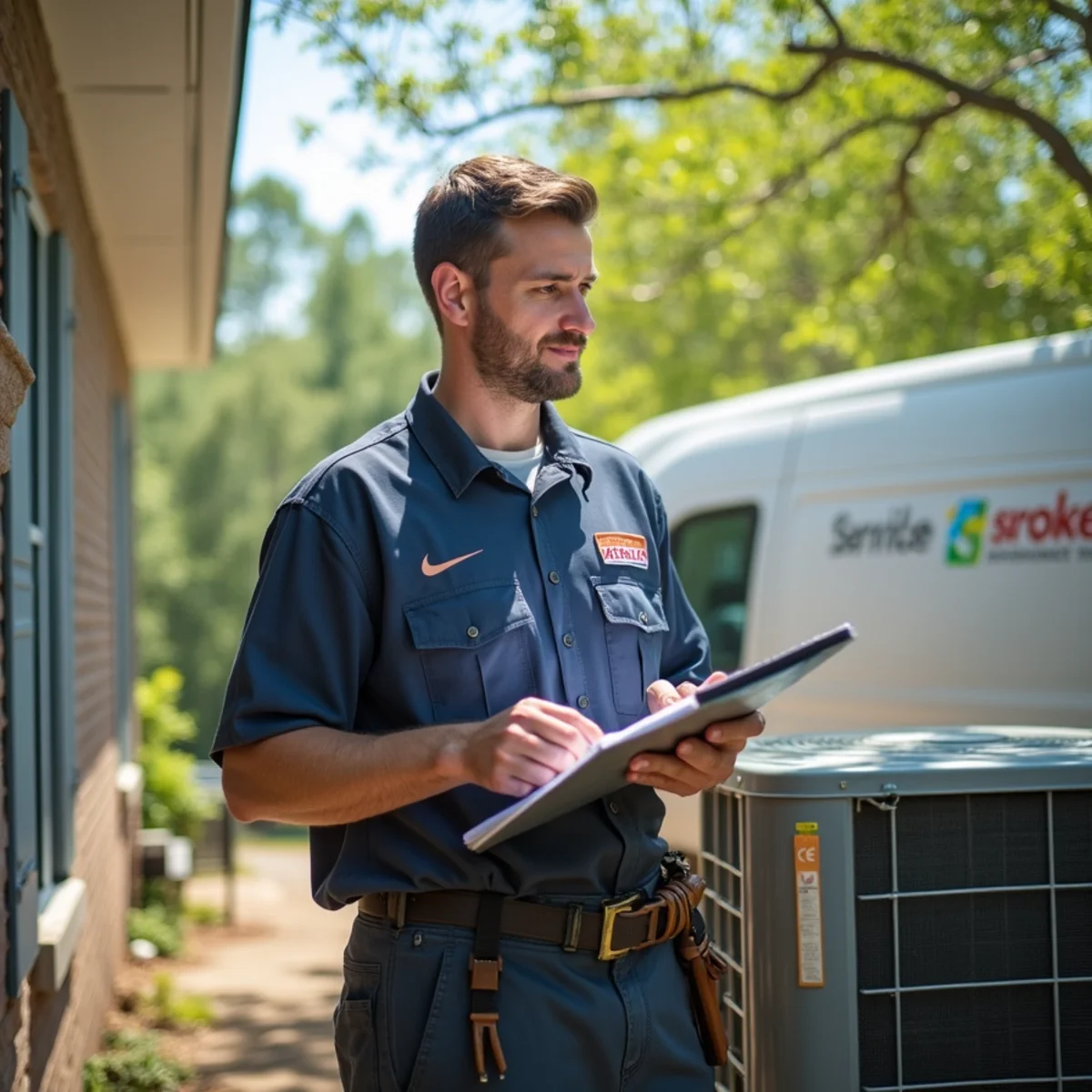 Technician performing a spring AC tune-up at a Zachary home