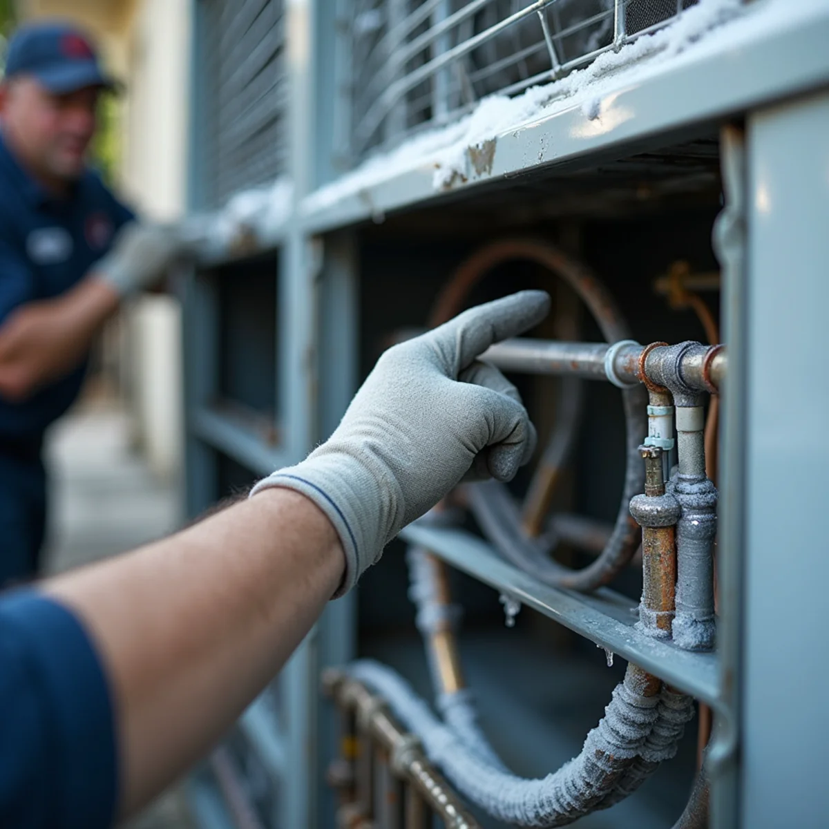 Frozen evaporator coil and iced refrigerant line inside a Port Allen air handler