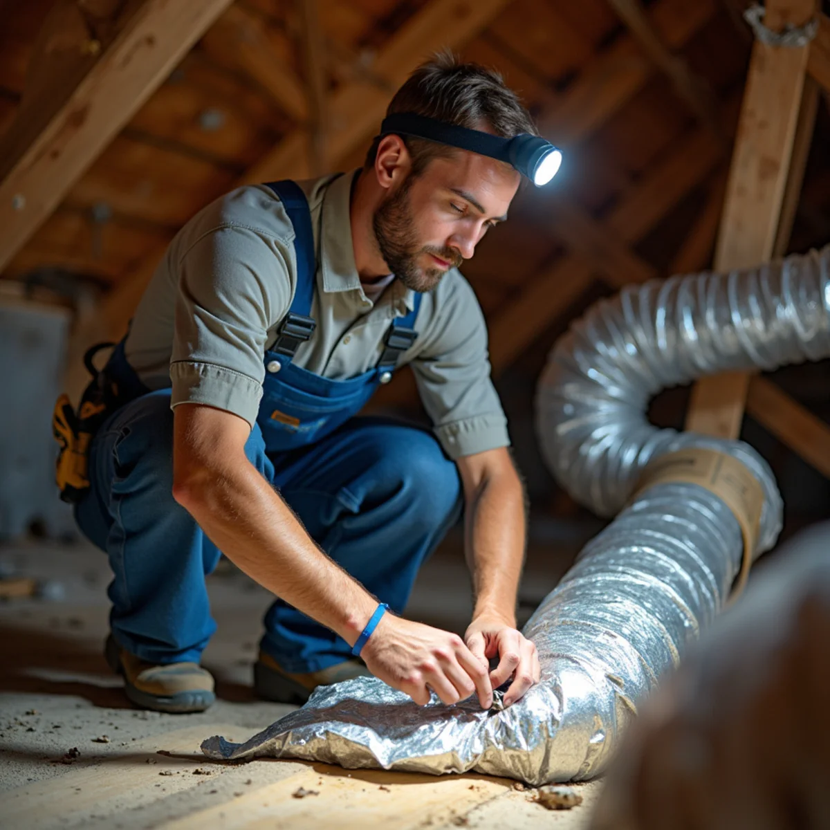 Geaux 72 Degrees technician sealing attic ductwork in a Baton Rouge home