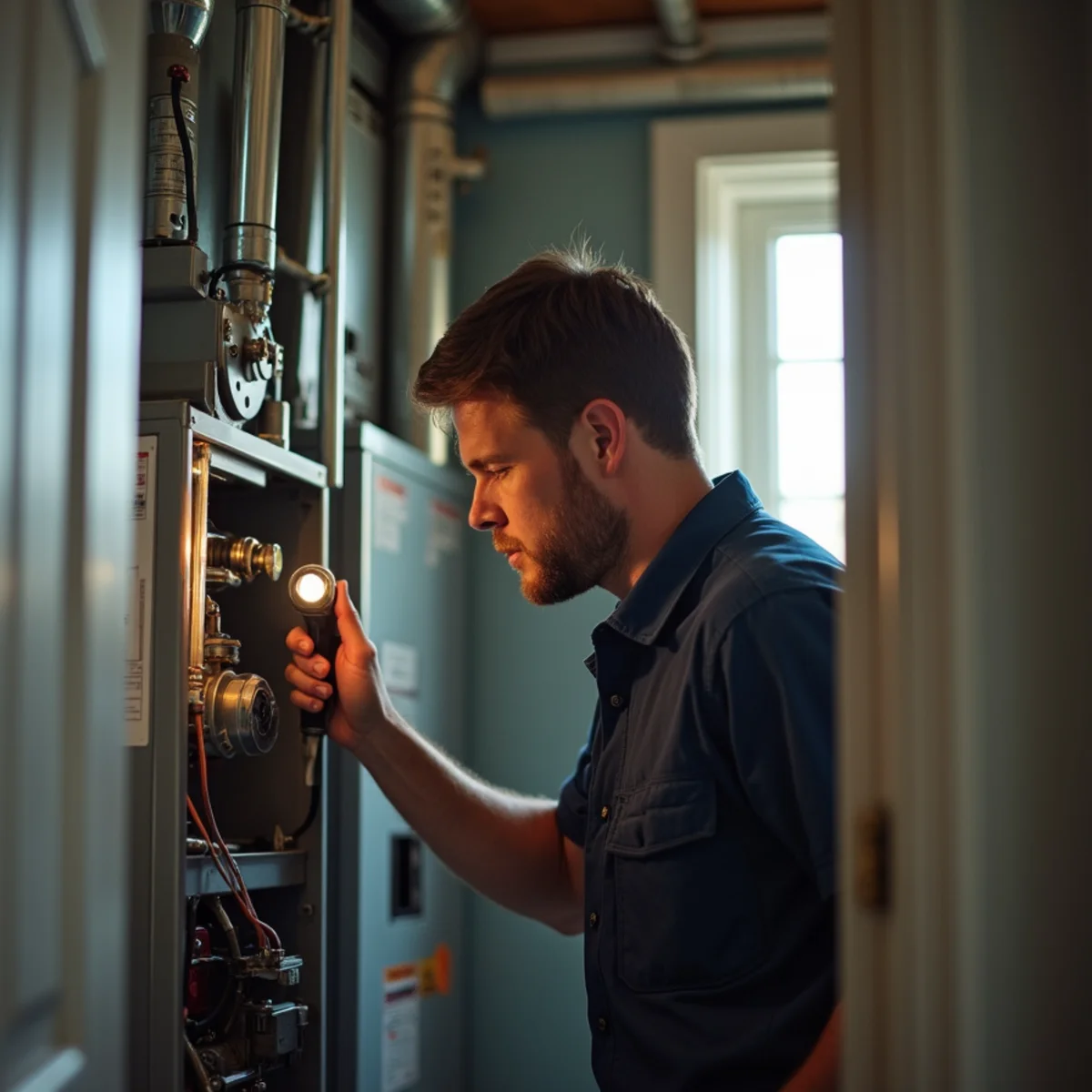 Geaux 72 Degrees technician servicing a gas furnace in a Baton Rouge home during winter