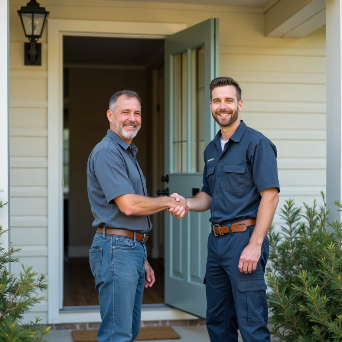 Happy Baton Rouge homeowner with a Geaux 72 Degrees HVAC technician after a repair