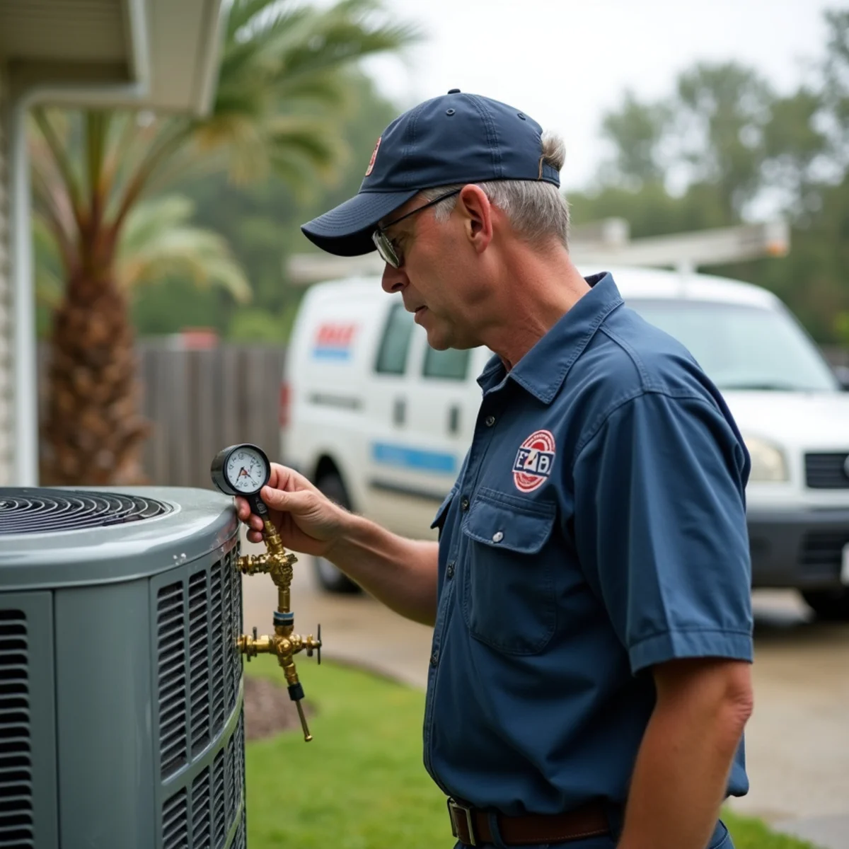 HVAC technician from Geaux 72 Degrees servicing an AC unit in Albany, LA