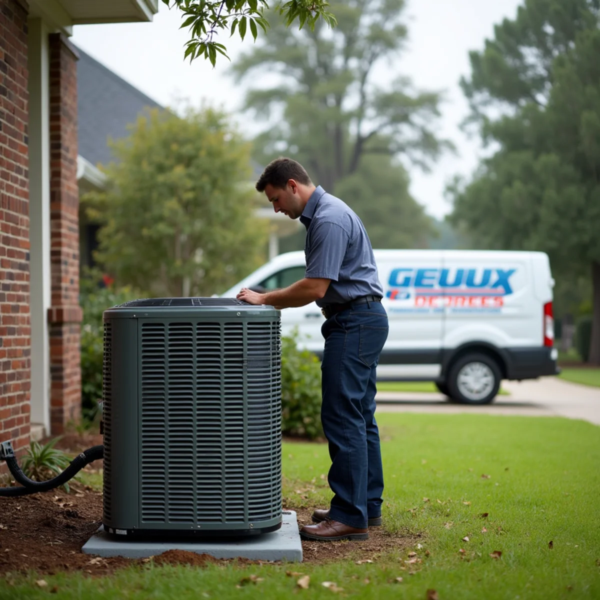 HVAC technician from Geaux 72 Degrees servicing an AC unit in Ascension Parish, LA