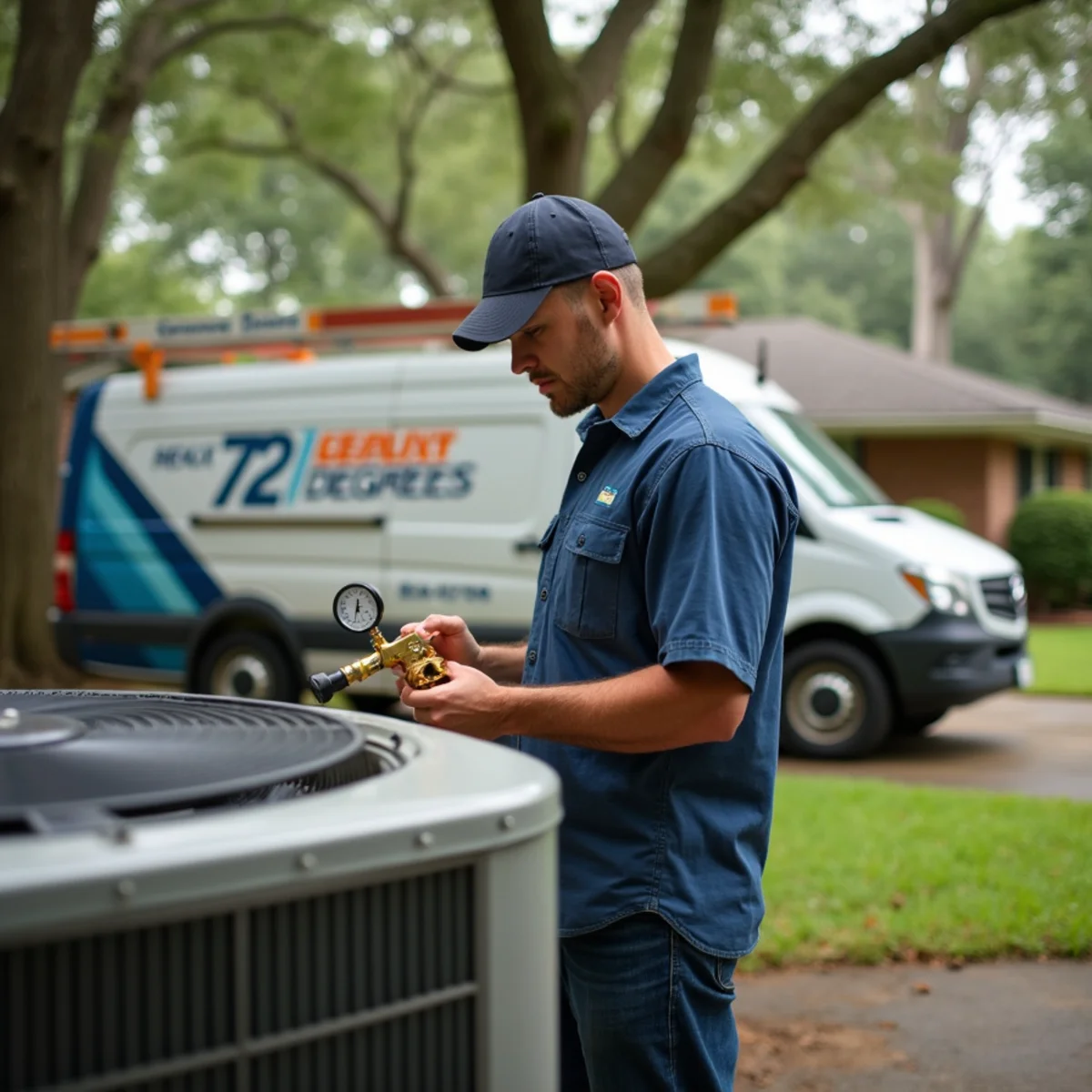 HVAC technician from Geaux 72 Degrees servicing an AC unit in Baker, LA