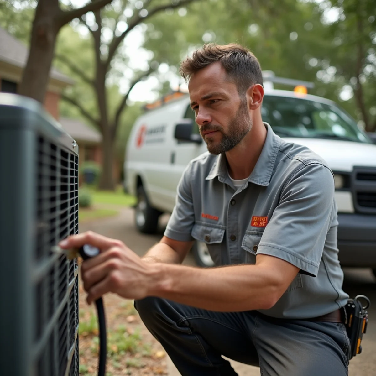 HVAC technician from Geaux 72 Degrees servicing an AC unit in Baywood, LA