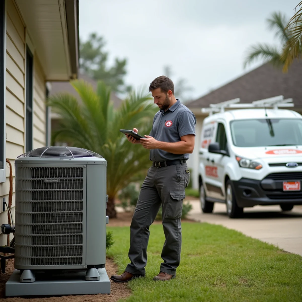 HVAC technician from Geaux 72 Degrees servicing an AC unit in Denham Springs, LA