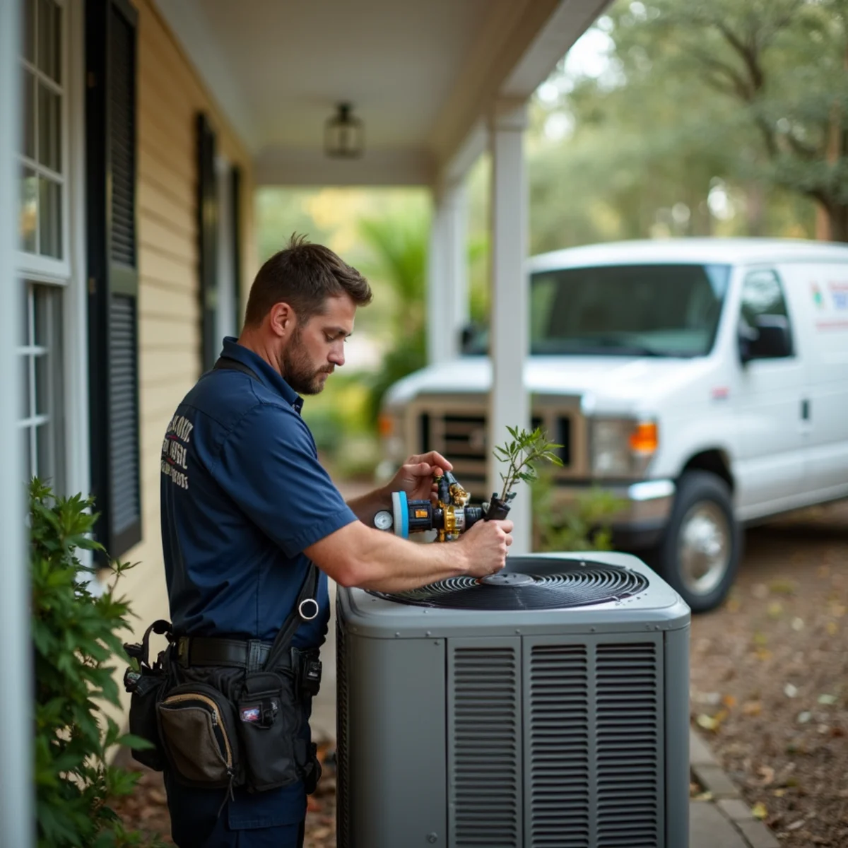 HVAC technician from Geaux 72 Degrees servicing an AC unit in Eunice, LA