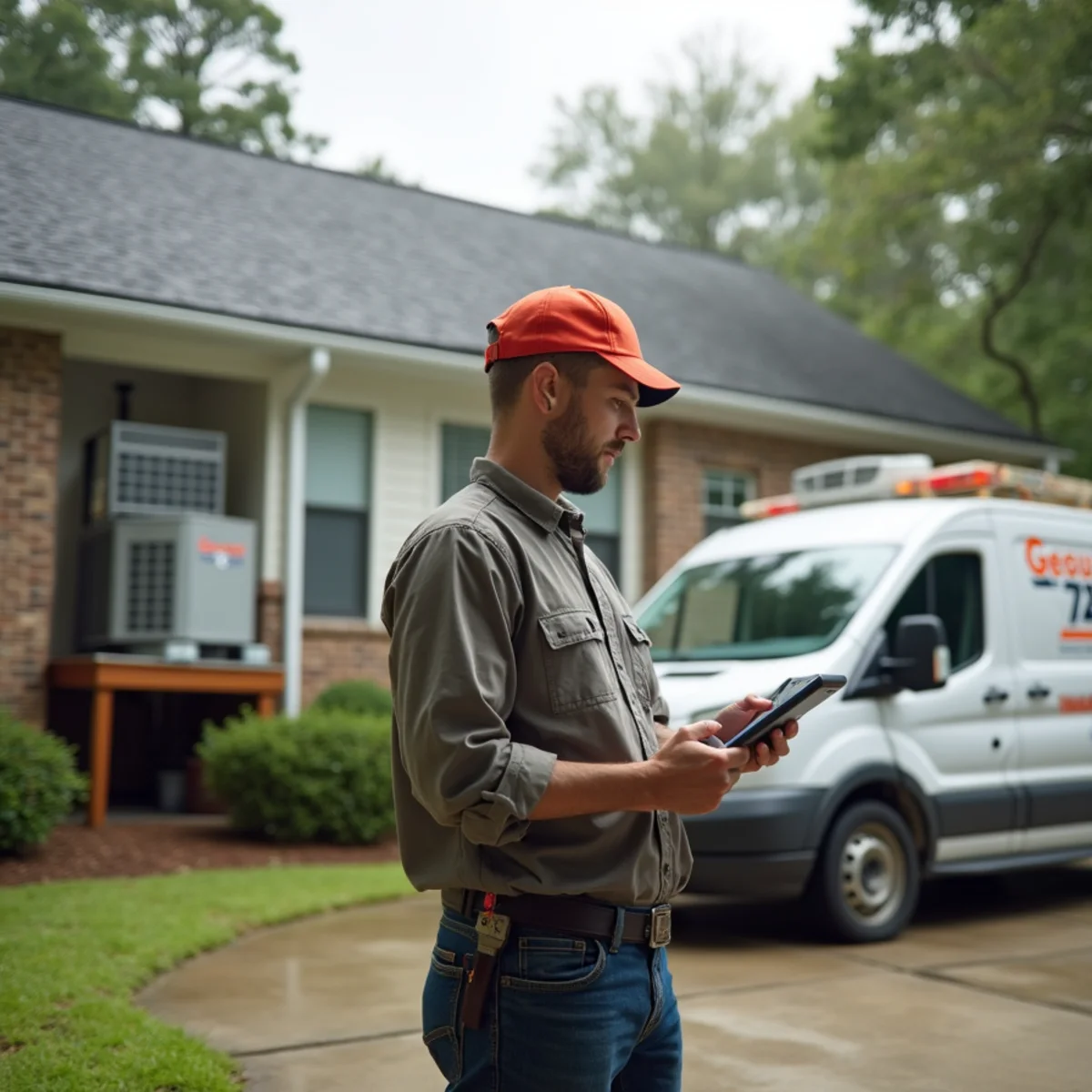 HVAC technician from Geaux 72 Degrees servicing an AC unit in French Settlement, LA