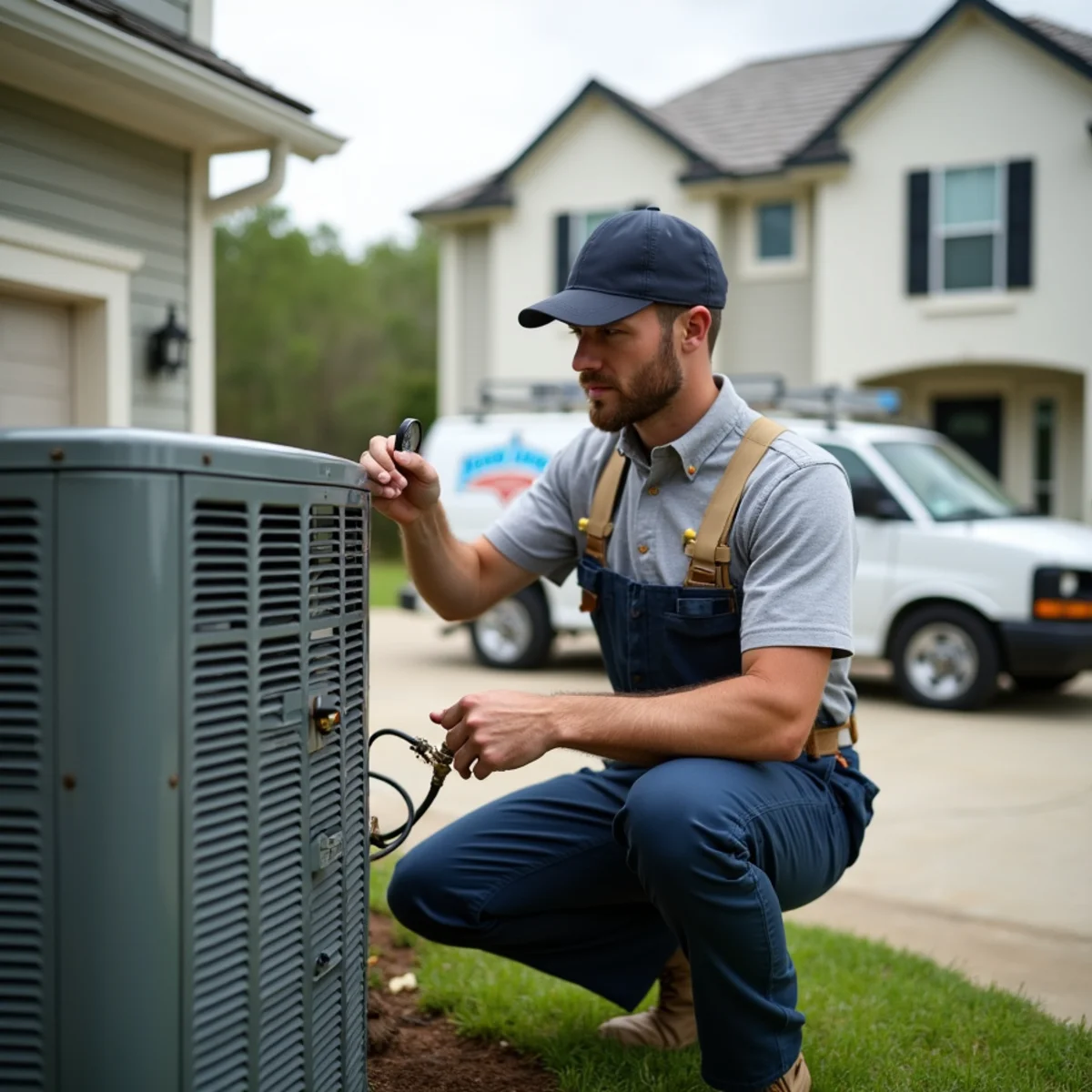 HVAC technician from Geaux 72 Degrees servicing an AC unit in Gonzales, LA