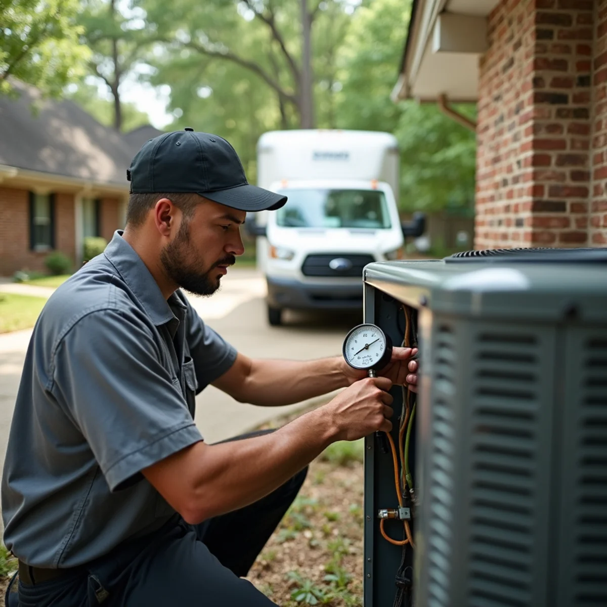 HVAC technician from Geaux 72 Degrees servicing an AC unit in Hammond, LA