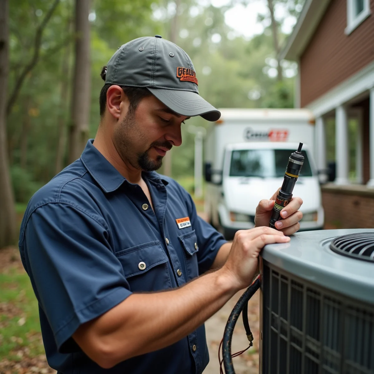 HVAC technician from Geaux 72 Degrees servicing an AC unit in Jackson, LA
