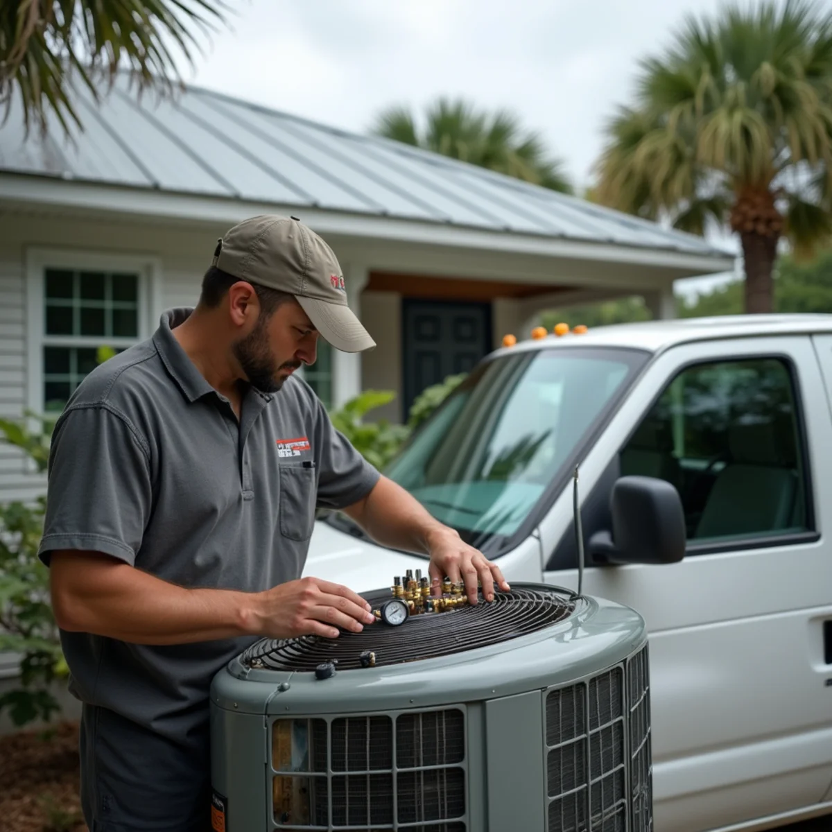 HVAC technician from Geaux 72 Degrees servicing an AC unit in Kenner, LA