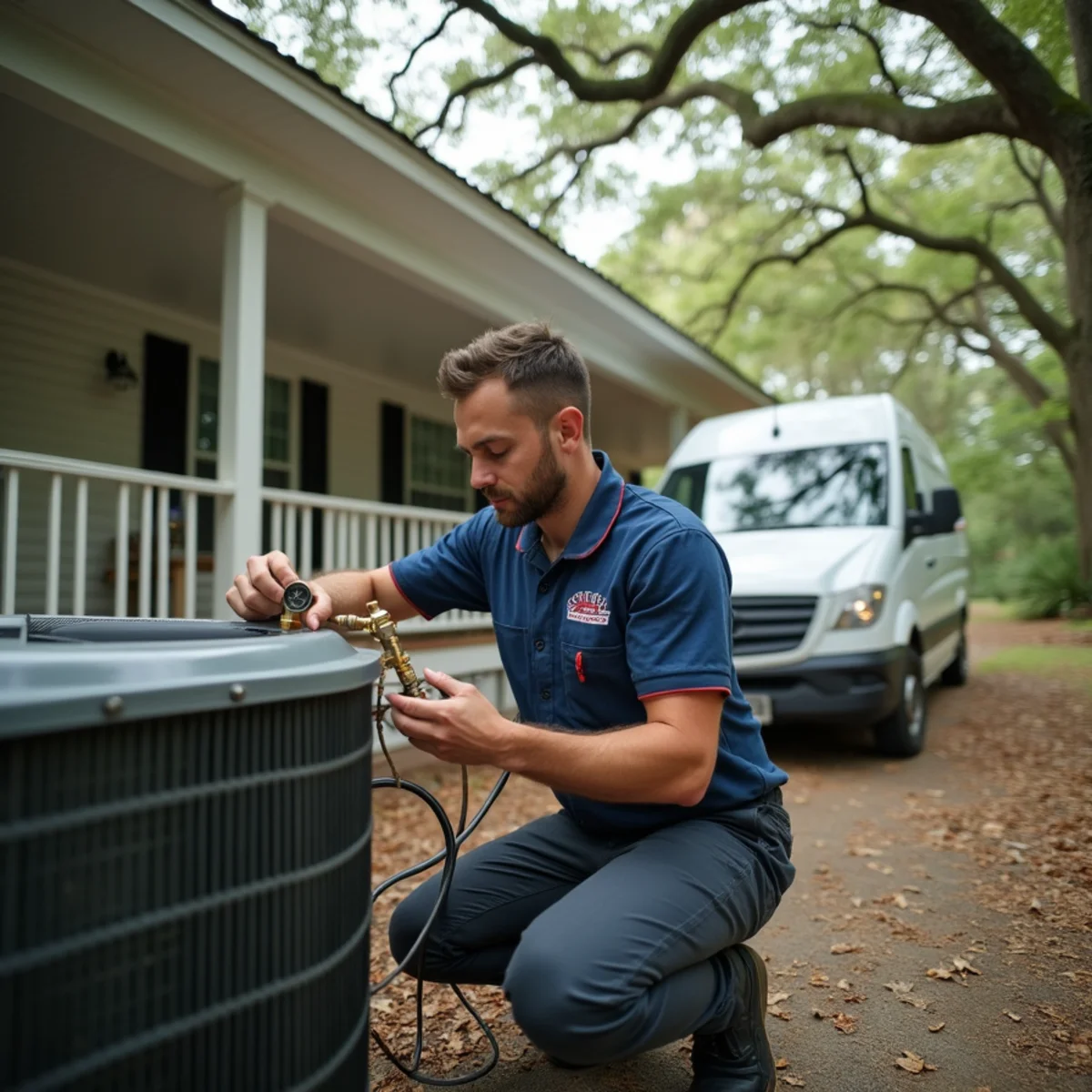 HVAC technician from Geaux 72 Degrees servicing an AC unit in Lafayette, LA