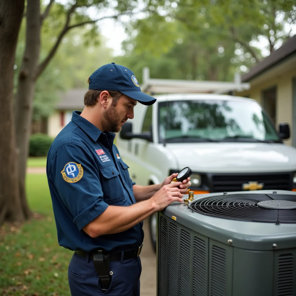 HVAC technician from Geaux 72 Degrees servicing an AC unit in Lutcher, LA