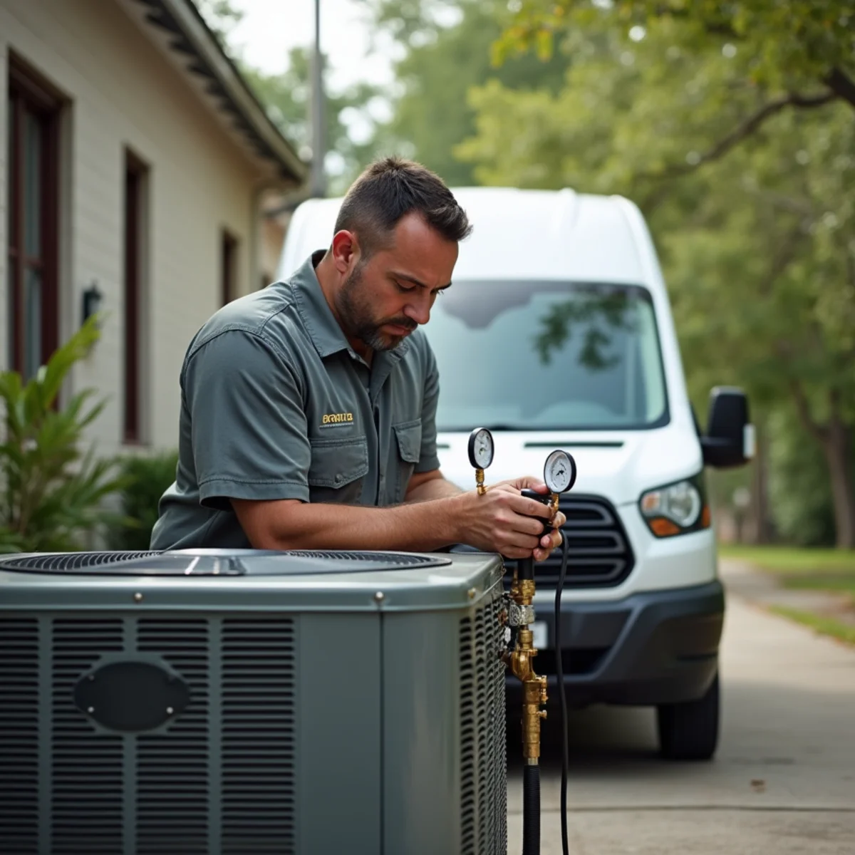 HVAC technician from Geaux 72 Degrees servicing an AC unit in Metairie, LA