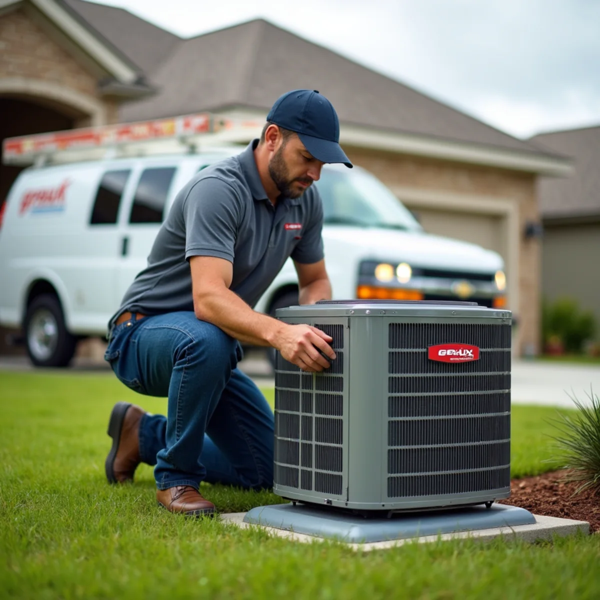 HVAC technician from Geaux 72 Degrees servicing an AC unit in Prairieville, LA