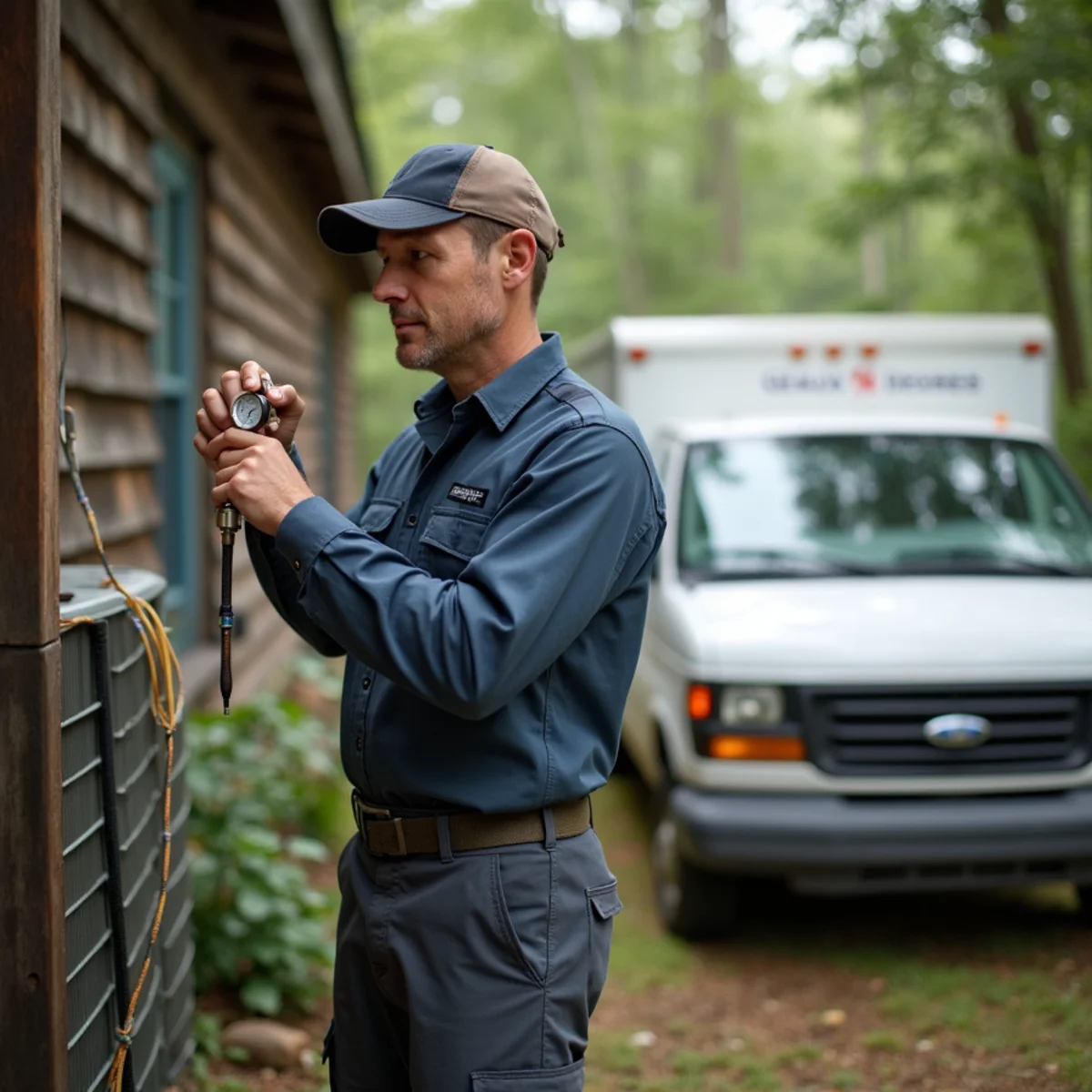 HVAC technician from Geaux 72 Degrees servicing an AC unit in Slaughter, LA