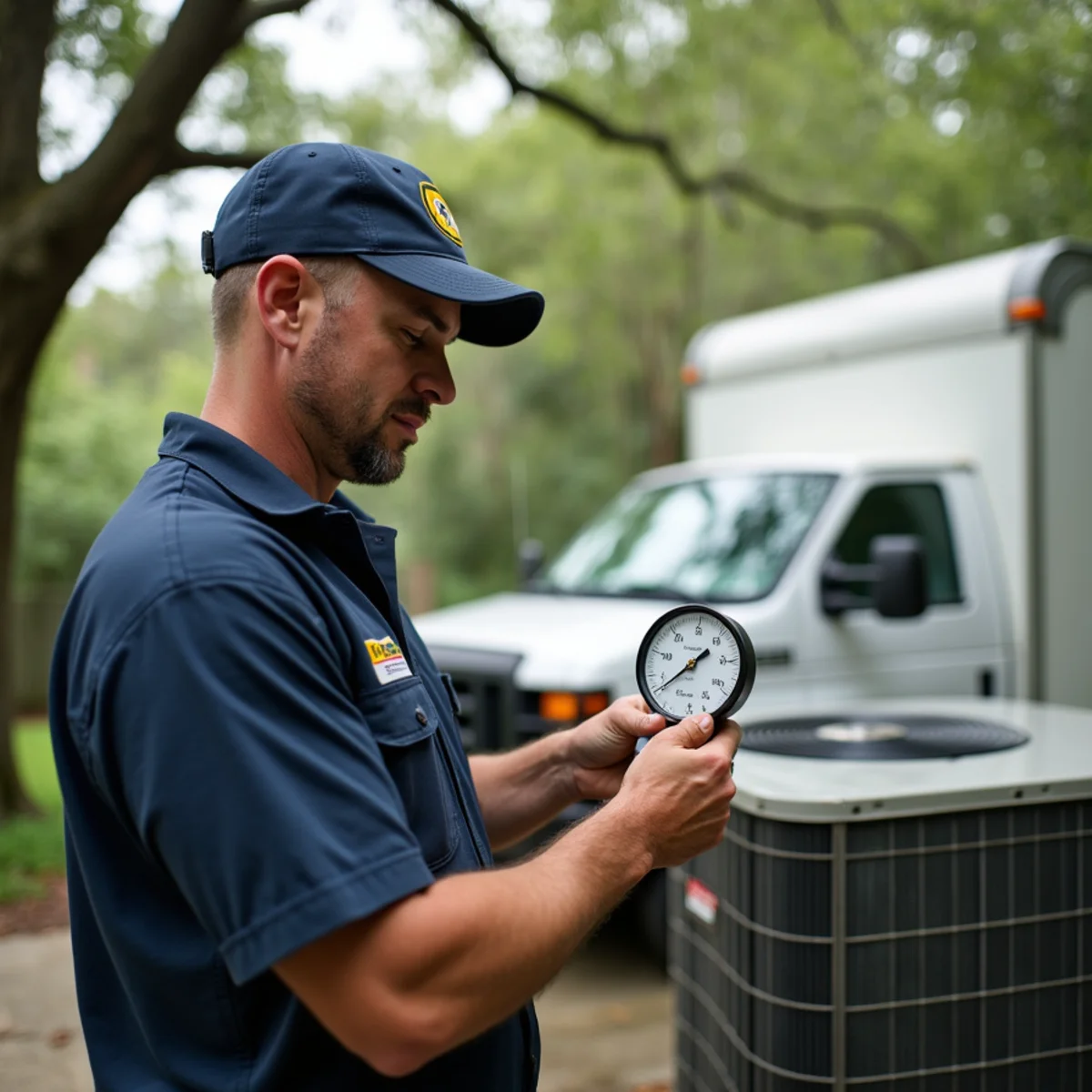 HVAC technician from Geaux 72 Degrees servicing an AC unit in Sorrento, LA