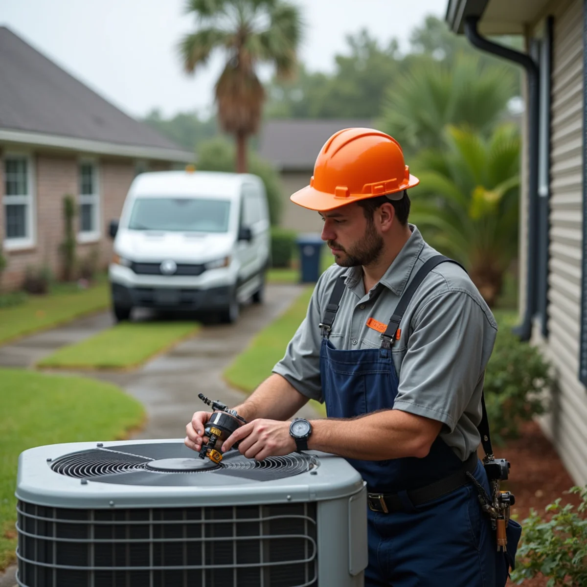 HVAC technician from Geaux 72 Degrees servicing an AC unit in Springfield, LA