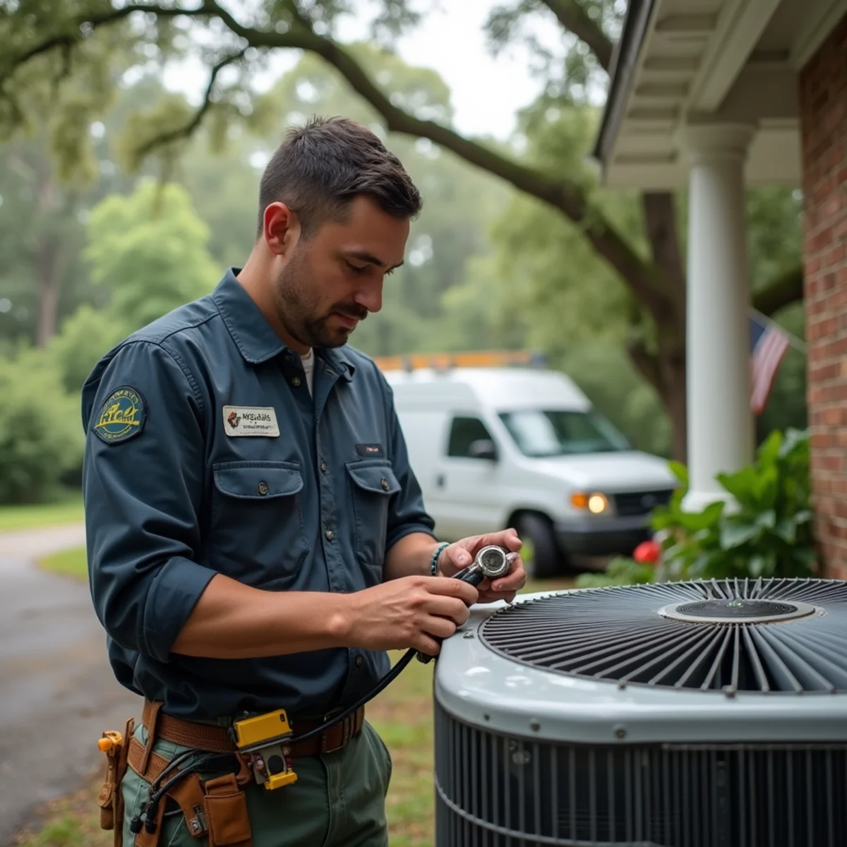 HVAC technician from Geaux 72 Degrees servicing an AC unit in St. Gabriel, LA