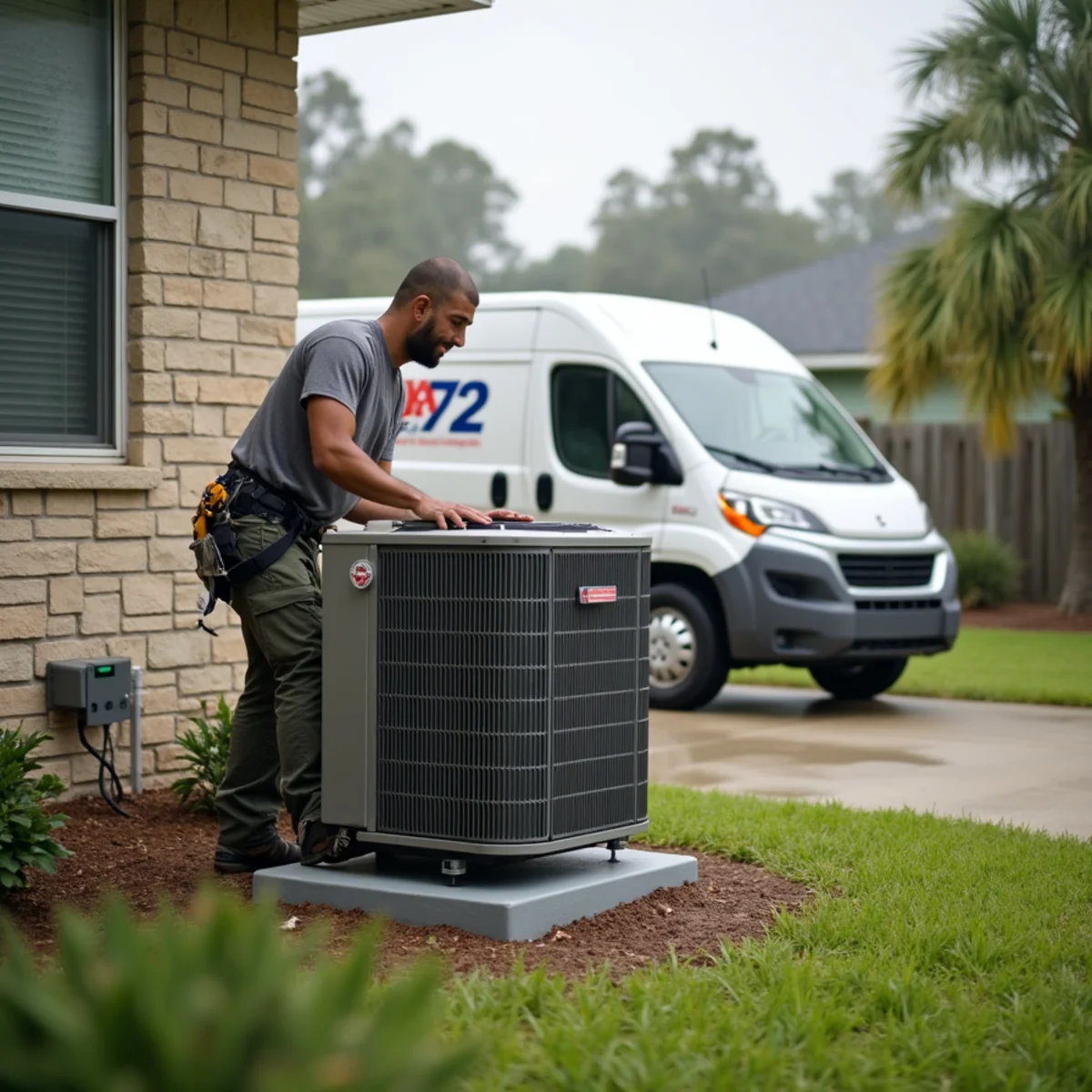 HVAC technician from Geaux 72 Degrees servicing an AC unit in Watson, LA