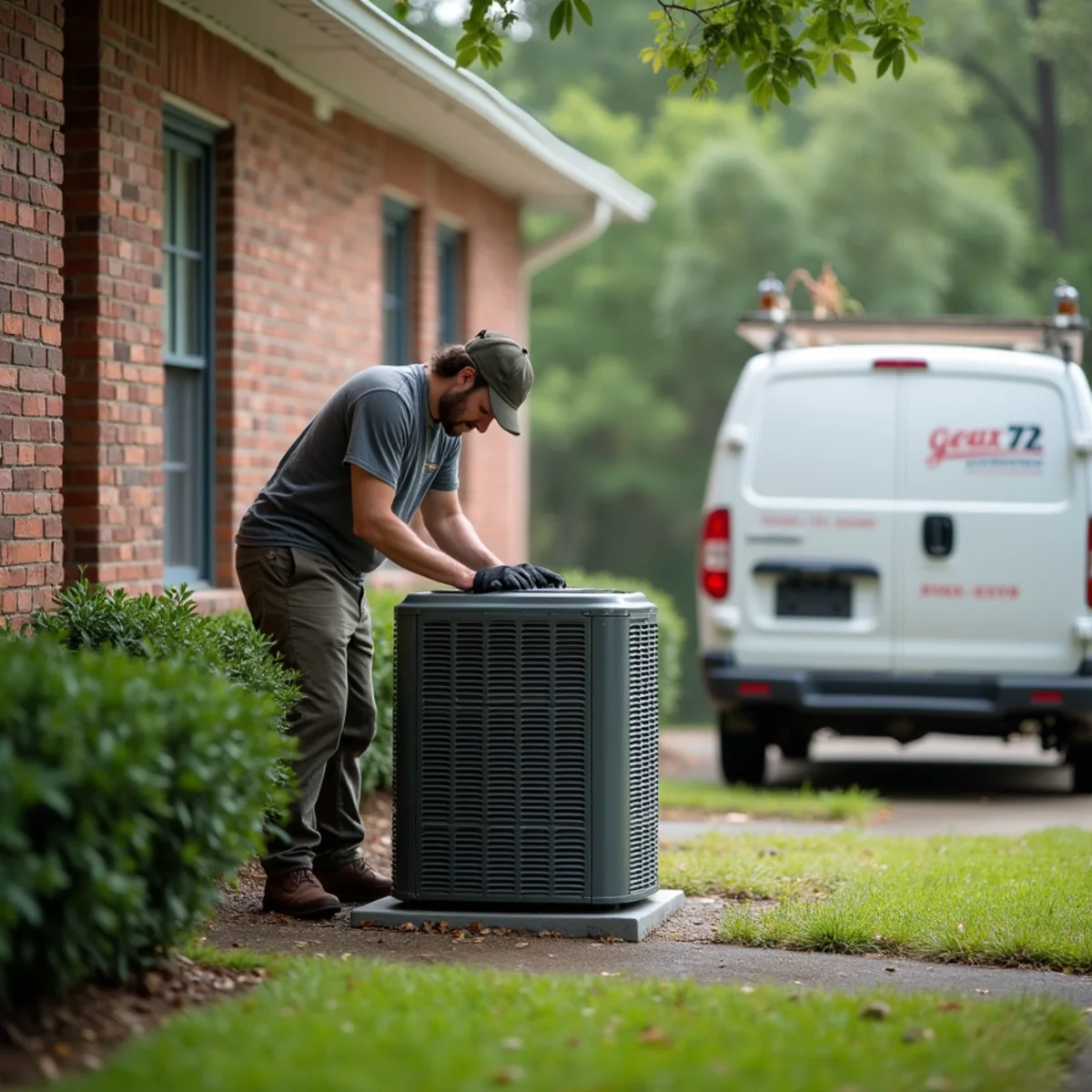 HVAC technician from Geaux 72 Degrees servicing an AC unit in Zachary, LA