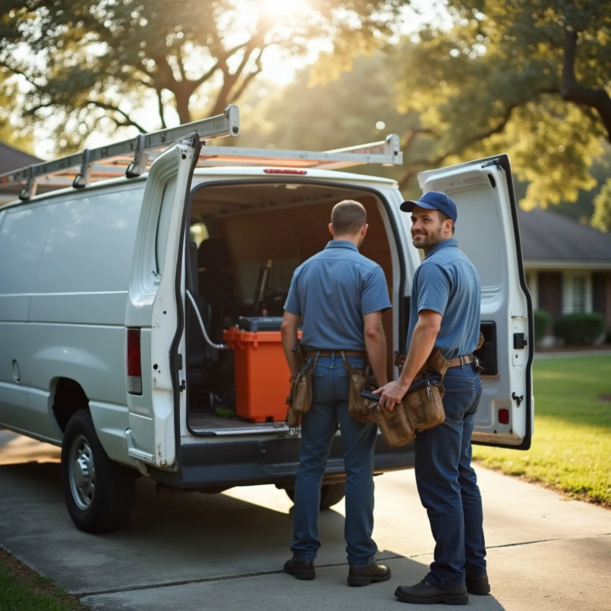 Geaux 72 Degrees HVAC technicians and service van outside a Baton Rouge, LA home
