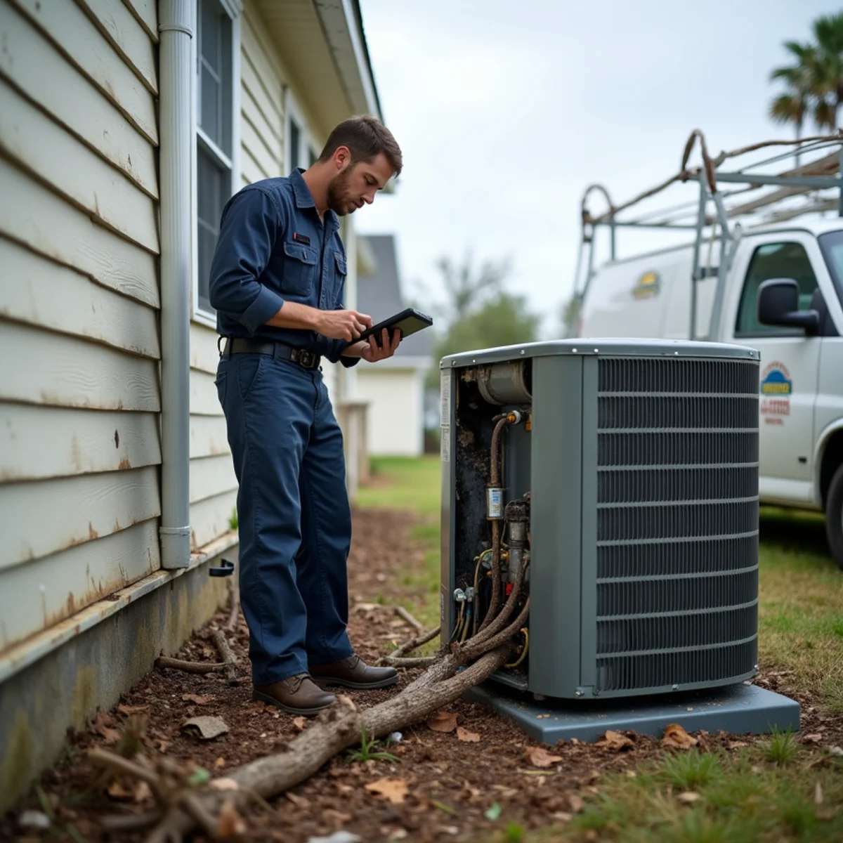 Geaux 72 Degrees technician inspecting storm-damaged HVAC equipment at a Baton Rouge home